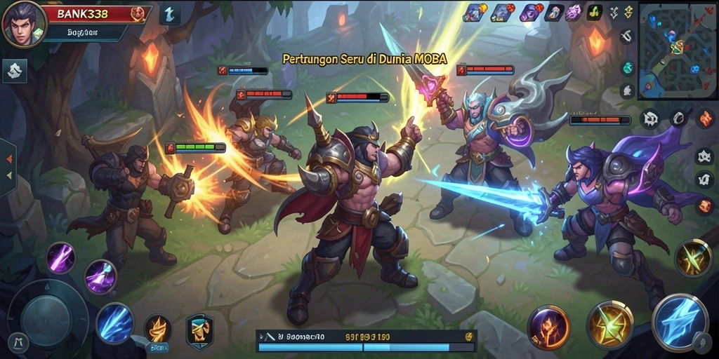 Screenshot permainan BANK338 yang menunjukkan aksi seru dalam pertarungan MOBA.