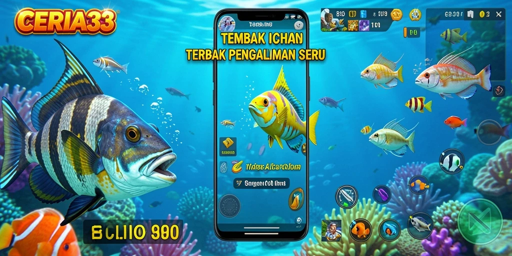 Gameplay CERIA33 dengan ikan yang berwarna-warni dan menantang.