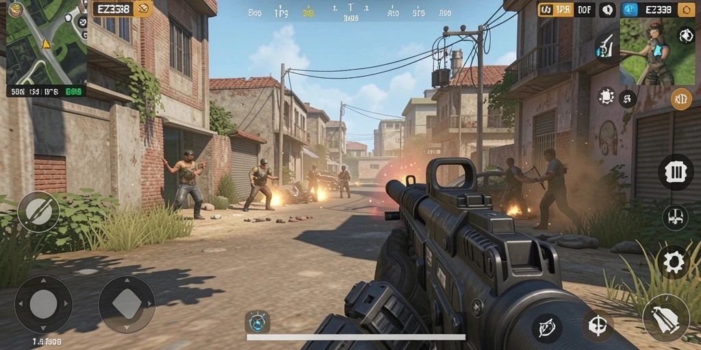 Tampilan gameplay mendebarkan dari EZ338 dengan aksi tembak-menembak intens.