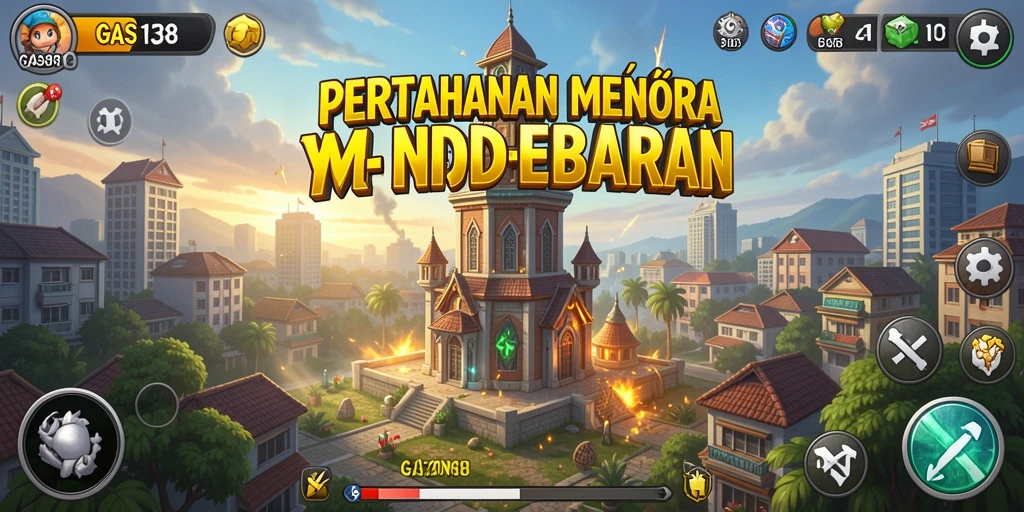 Screenshot utama GAS138 menampilkan aksi pertahanan menara yang strategis.