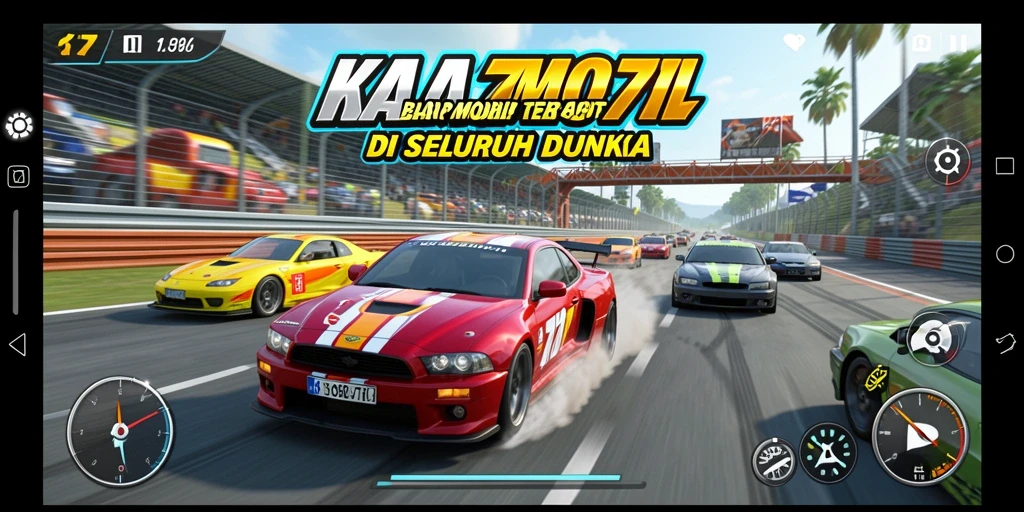 Screenshot KM777 menunjukkan aksi balapan mendebarkan dengan mobil yang melaju cepat.