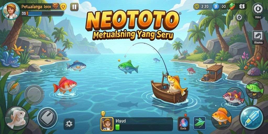 Screenshot gameplay NEOTOTO menampilkan aksi memancing yang seru.