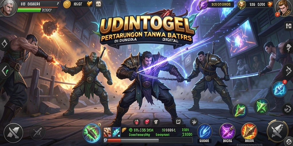 Tampilan gameplay UDINTOGEL dengan karakter bertarung di arena.