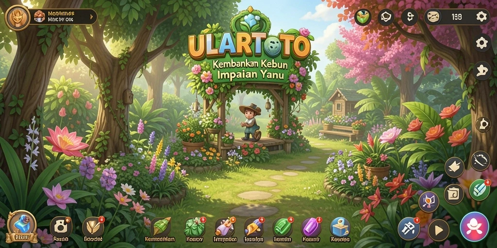 Tampilan gameplay ULARTOTO dengan kebun yang rindang dan hewan peliharaan.